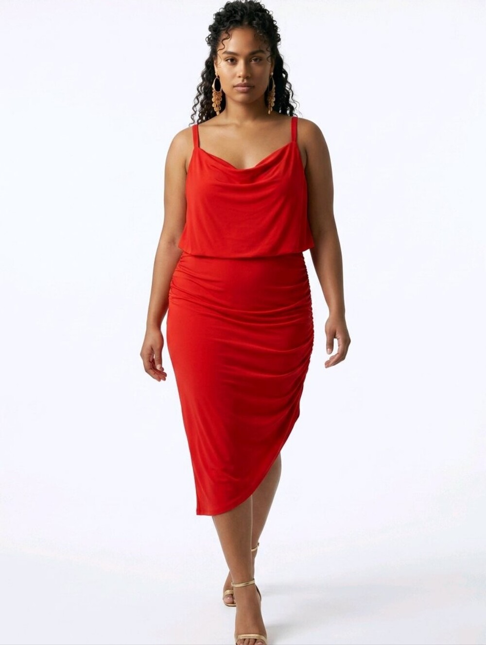 Sofia Jeans by Sofia Vergara Red Ruched Cowl Neck Midi Dress XL